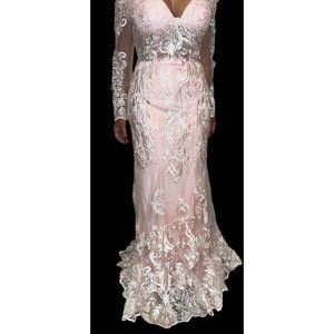 NEW Hebeos PINK Lace Wedding Gown Dress Off Shoulder Long Sleeve Sheer Waist NWT